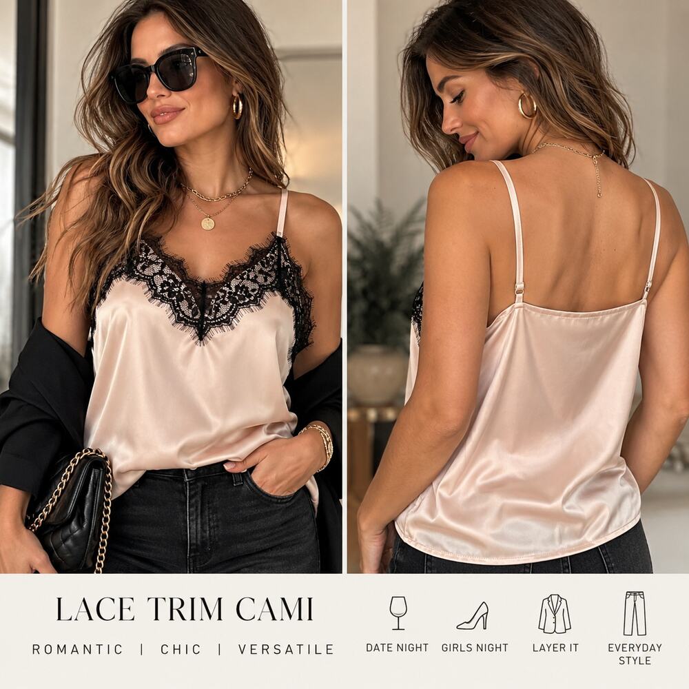NWT Blush Satin Lace Cami Top Womens Medium 6 Black Eyelash Lace Date Night